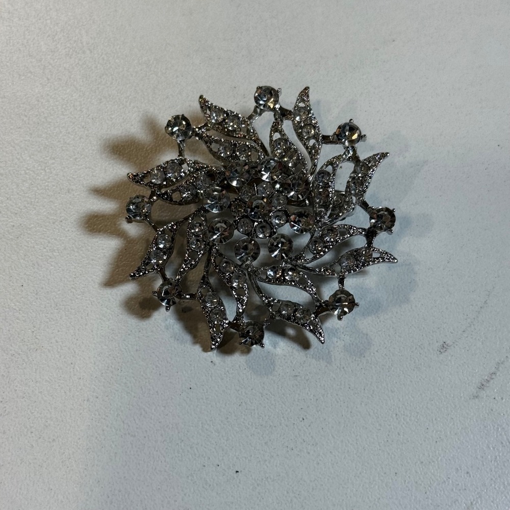 Vintage Rhinestone Brooch Silver Tone Floral Pin Sparkly Statement Jewelry